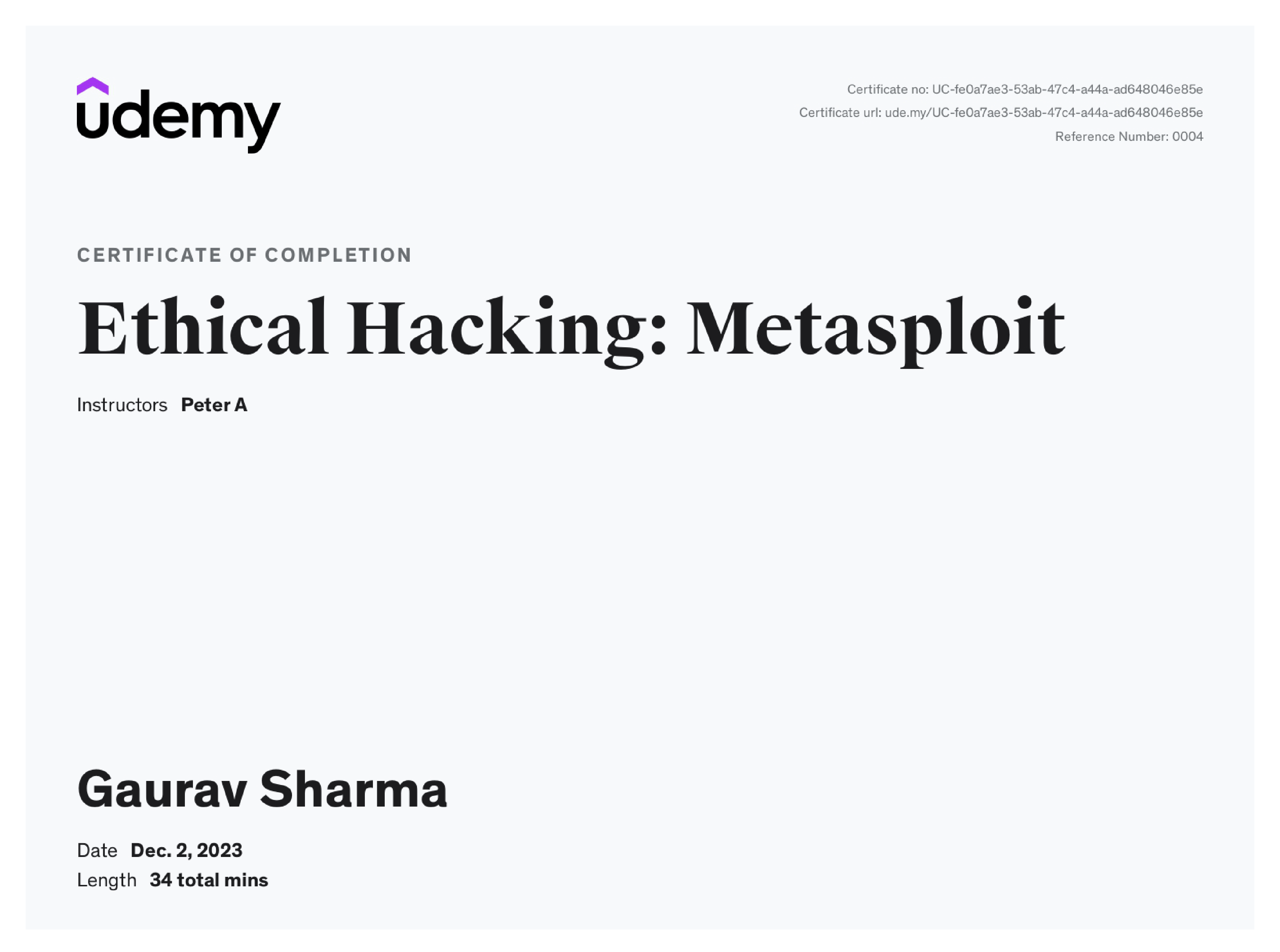 Metasploit Certificate from Udemy
